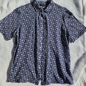 Bugatchi Men Dress Shirt Button Short Sleeve XL Blue White Flower Pattern Cotton